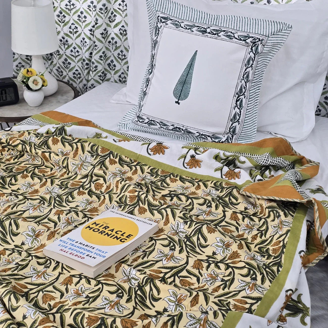 All Season Jaipuri Blanket | 100% Cotton | Block Print | Single Bed – Yellow Floral Buta (63X90 Inches)
